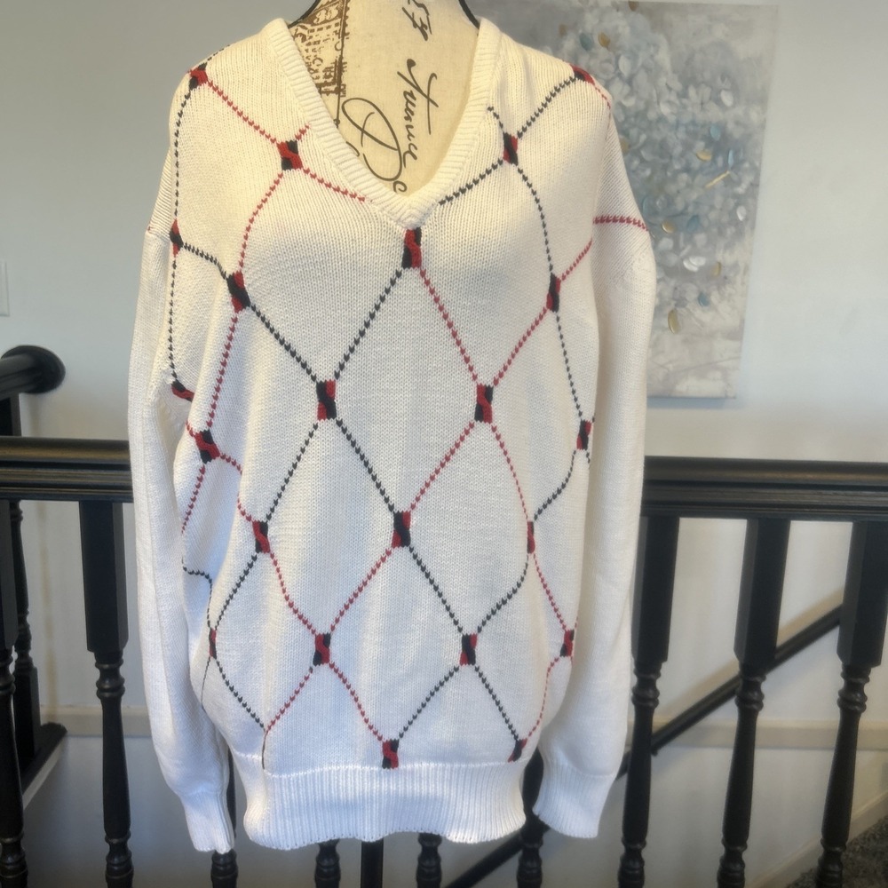 Vintage Woman's Argyle Diamond‎ Sweater Large  LADY LA MODE White/red/blue USA